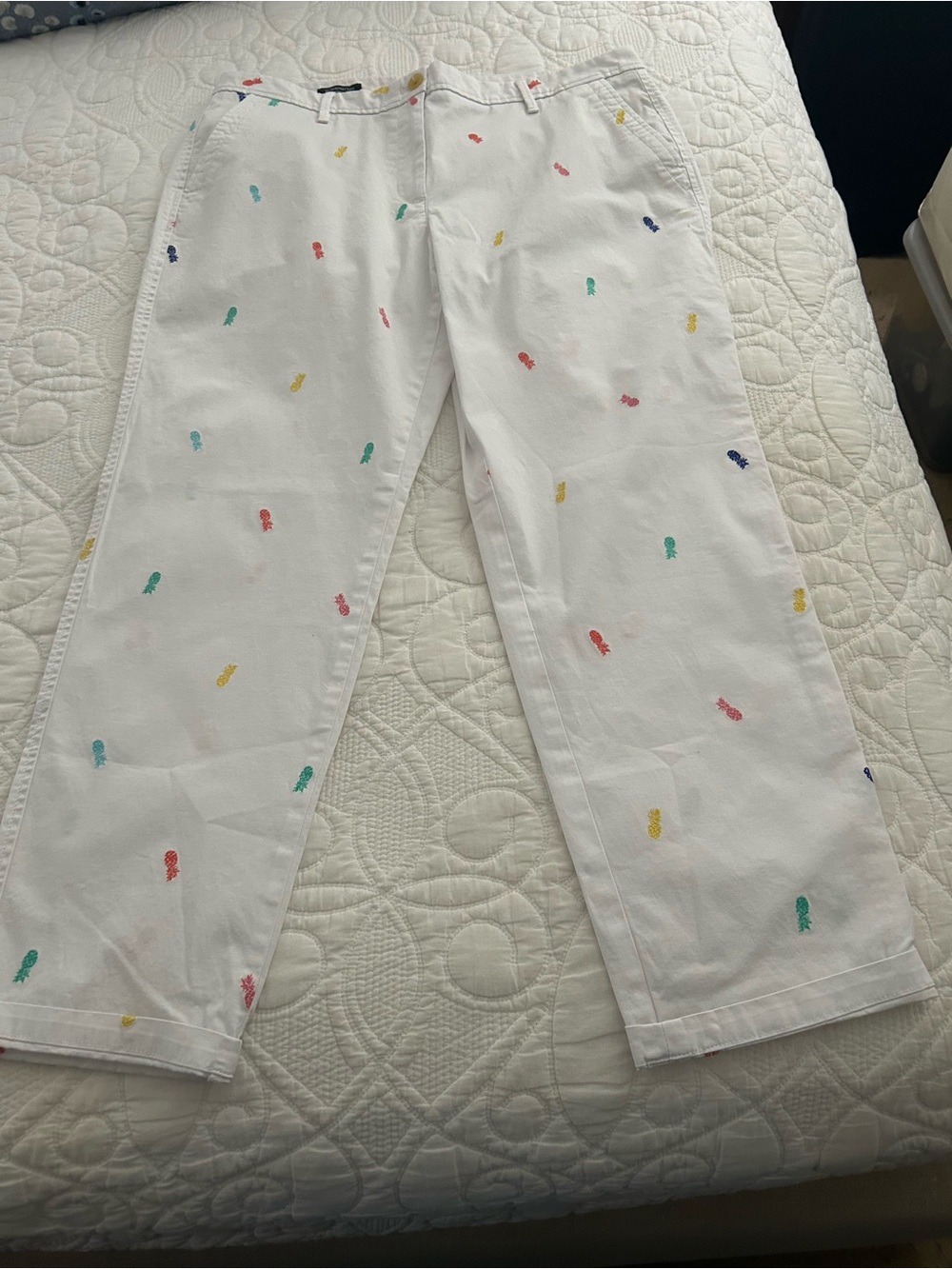 Talbots White Relaxed Chino Pants with Multicolor Embroidered Pineapple Motifs